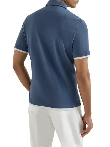 Brunello Cucinelli Men's Cotton Piqué Shirt Style Collar Polo with Faux Layering | Thumbnail 3