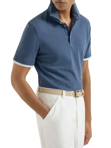 Brunello Cucinelli Men's Cotton Piqué Shirt Style Collar Polo with Faux Layering | Thumbnail 5