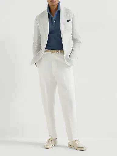 Brunello Cucinelli Men's Cotton Piqué Shirt Style Collar Polo with Faux Layering | Thumbnail 6