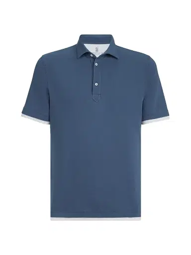 Brunello Cucinelli Men's Cotton Piqué Shirt Style Collar Polo with Faux Layering | Thumbnail 1