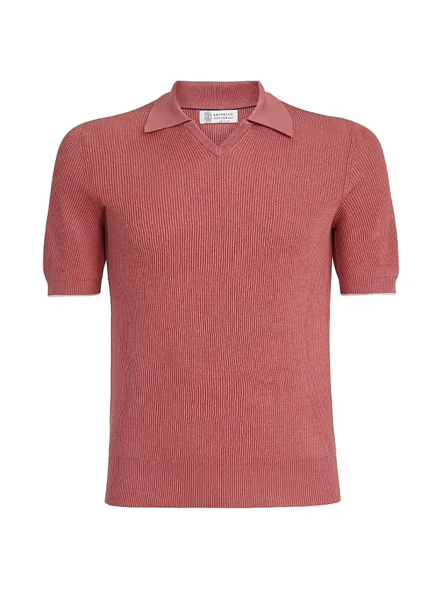 Brunello Cucinelli Men's Cotton English Rib Knit Polo Shirt - Orange