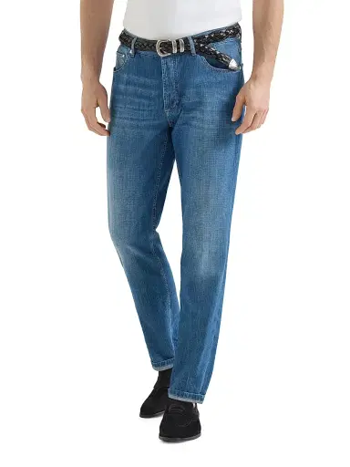 Brunello Cucinelli Men's Lightweight Old Denim Traditional Fit Five Pocket Jeans - Medium Denim | Thumbnail 2
