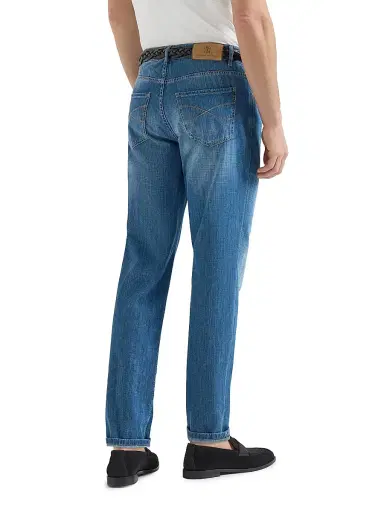 Brunello Cucinelli Men's Lightweight Old Denim Traditional Fit Five Pocket Jeans - Medium Denim | Thumbnail 3
