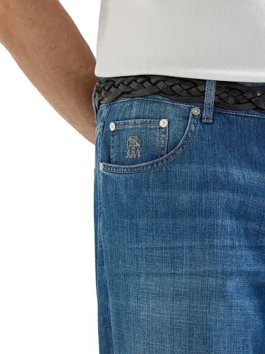 Brunello Cucinelli Men's Lightweight Old Denim Traditional Fit Five Pocket Jeans - Medium Denim | Thumbnail 4