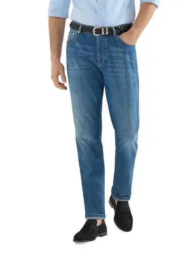 Brunello Cucinelli Men's Lightweight Old Denim Traditional Fit Five Pocket Jeans - Medium Denim | Thumbnail 5