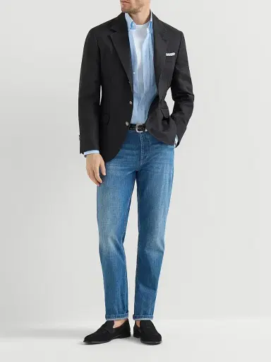 Brunello Cucinelli Men's Lightweight Old Denim Traditional Fit Five Pocket Jeans - Medium Denim | Thumbnail 6