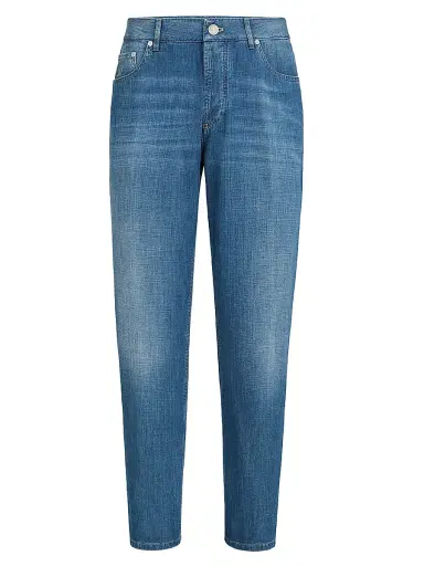 Brunello Cucinelli Men's Lightweight Old Denim Traditional Fit Five Pocket Jeans - Medium Denim | Thumbnail 1