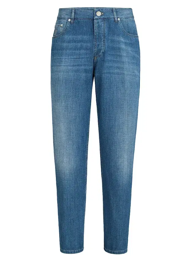 Brunello Cucinelli Men's Lightweight Old Denim Traditional Fit Five Pocket Jeans - Medium Denim