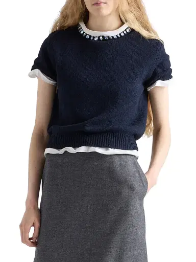 Prada Women's Wool and Cashmere Crew-Neck Sweater - Blue | Thumbnail 2 Prada Women's Wool and Cashmere Crew-Neck Sweater - Blue | Thumbnail 2