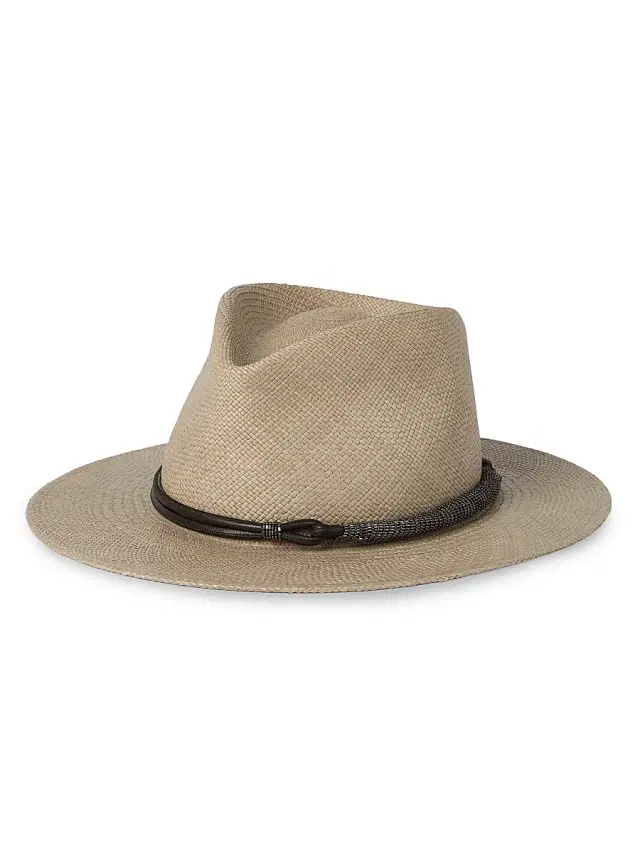 Brunello Cucinelli Women's Straw Fedora with Precious Leather Band - Beige