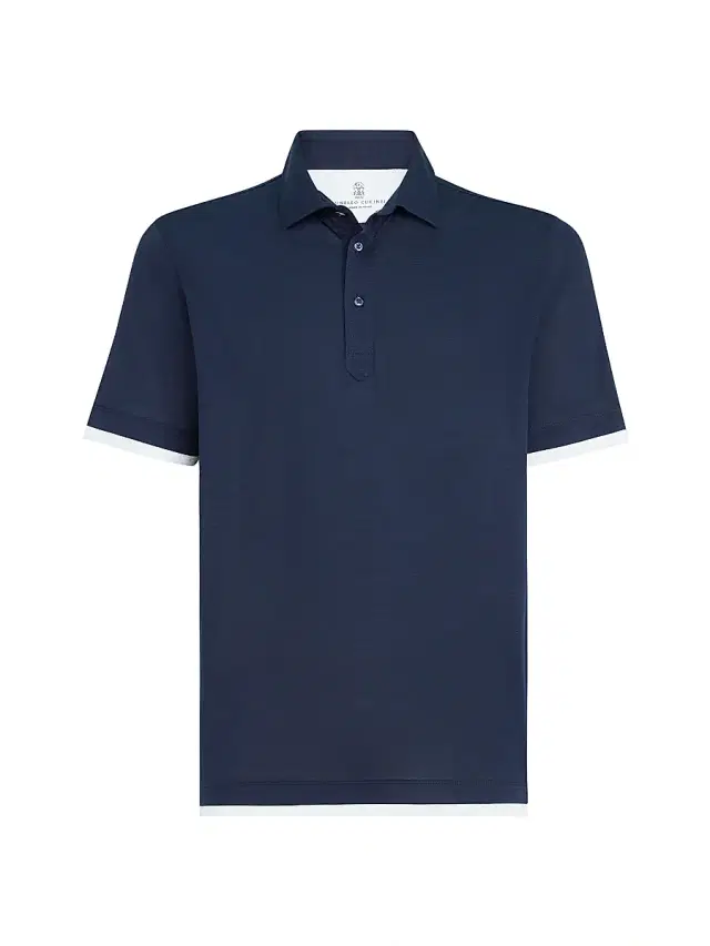 Brunello Cucinelli Men's Silk and Cotton Jersey Shirt Style Collar Polo with Faux Layering - Blue