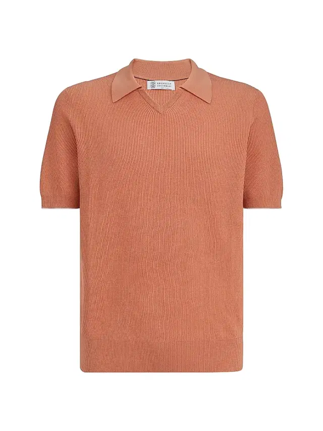 Brunello Cucinelli Men's Cotton English Rib Knit Polo Shirt - Apricot