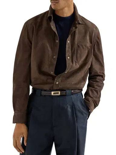 Brunello Cucinelli Men's Suede Overshirt - Espresso | Thumbnail 5