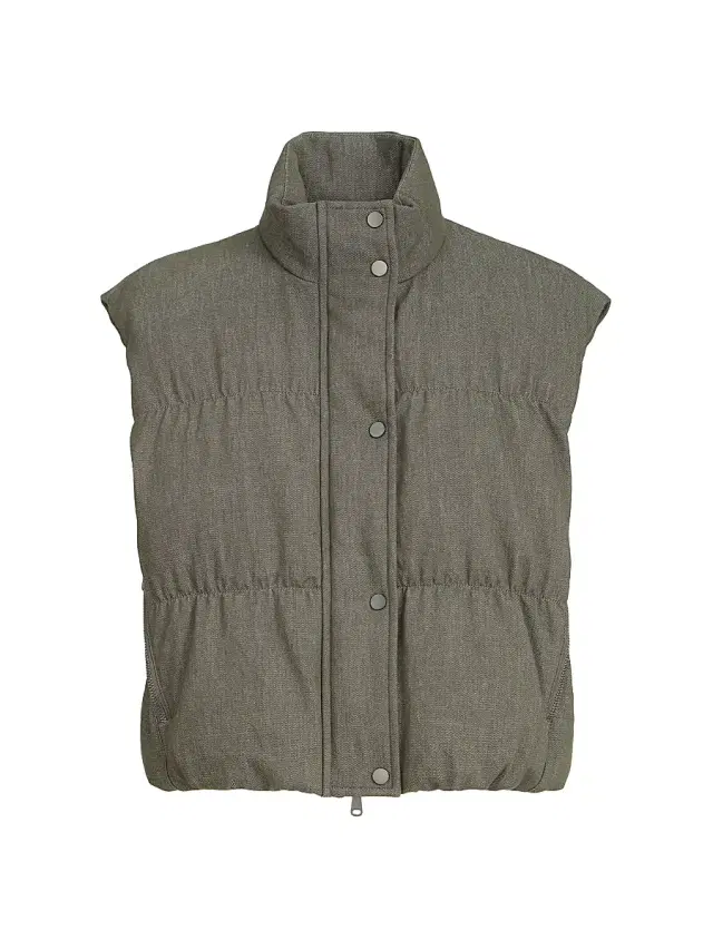 Brunello Cucinelli Women's Cotton Denim Effect Twill Down Vest with Monili - Olive