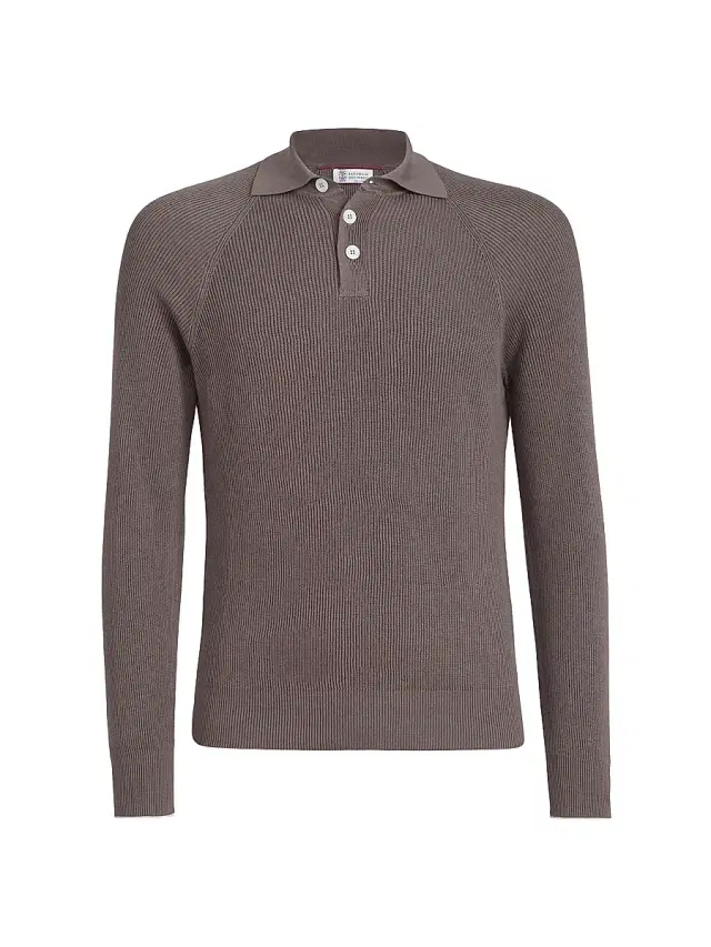 Brunello Cucinelli Men's Cotton English Rib Knit Polo Shirt with Long Raglan Sleeves - Hazelnut