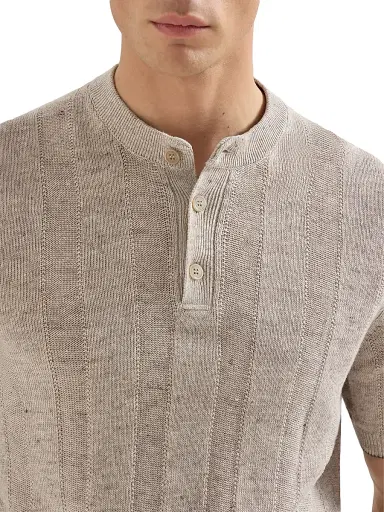 Brunello Cucinelli Men's Linen and Cotton Textured Rib Knit T-Shirt with Henley Collar - Sand | Thumbnail 5 Brunello Cucinelli Men's Linen and Cotton Textured Rib Knit T-Shirt with Henley Collar - Sand | Thumbnail 5