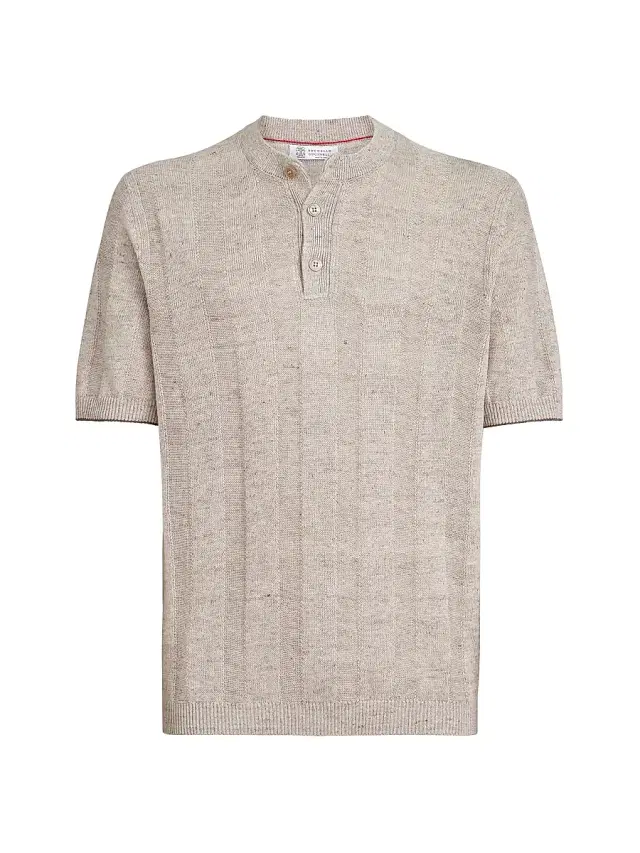 Brunello Cucinelli Men's Linen and Cotton Textured Rib Knit T-Shirt with Henley Collar - Sand