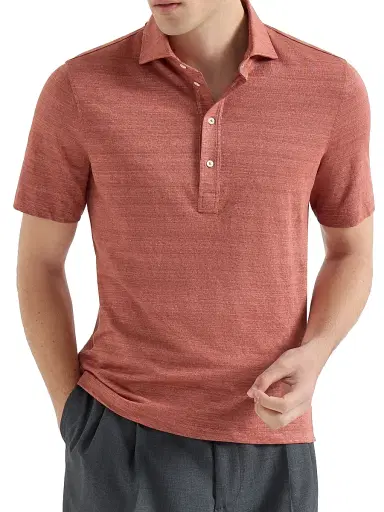Brunello Cucinelli Men's Linen and Cotton Mélange Jersey Polo with Shirt Style Collar - Terracotta | Thumbnail 2