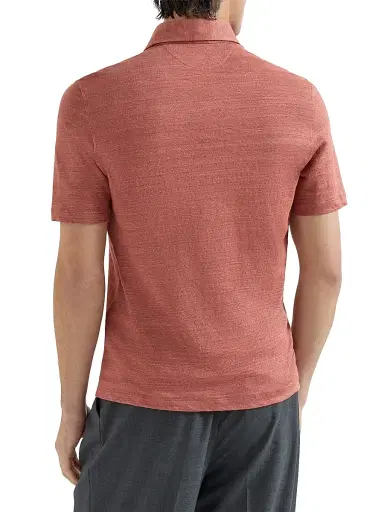 Brunello Cucinelli Men's Linen and Cotton Mélange Jersey Polo with Shirt Style Collar - Terracotta | Thumbnail 3