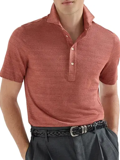 Brunello Cucinelli Men's Linen and Cotton Mélange Jersey Polo with Shirt Style Collar - Terracotta | Thumbnail 4