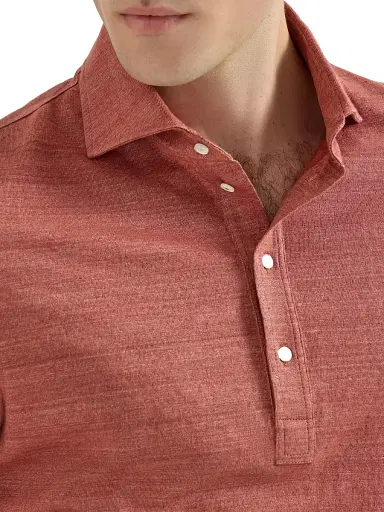 Brunello Cucinelli Men's Linen and Cotton Mélange Jersey Polo with Shirt Style Collar - Terracotta | Thumbnail 5