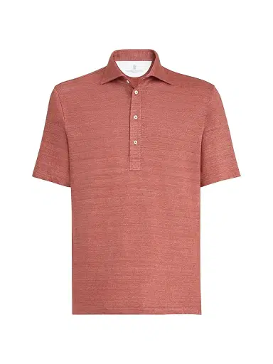 Brunello Cucinelli Men's Linen and Cotton Mélange Jersey Polo with Shirt Style Collar - Terracotta | Thumbnail 1