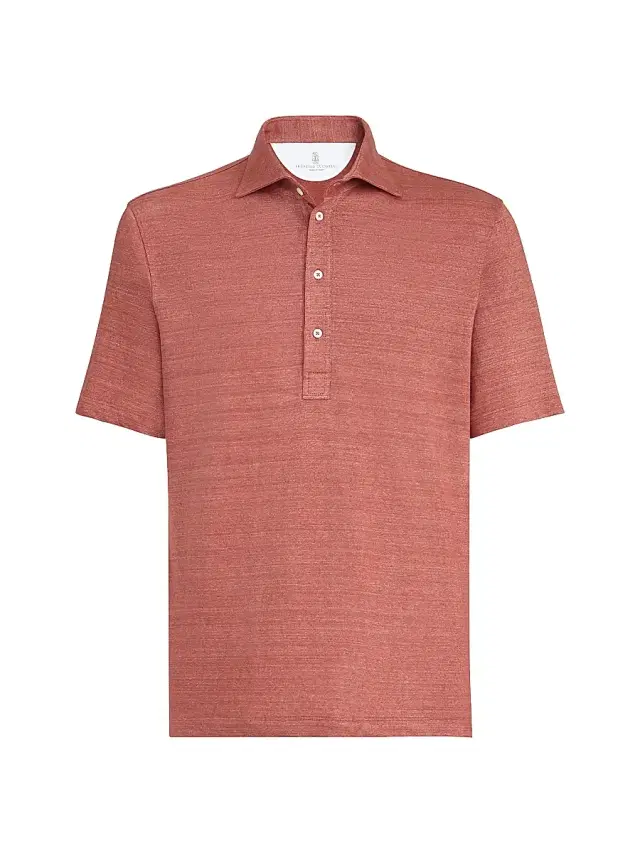 Brunello Cucinelli Men's Linen and Cotton Mélange Jersey Polo with Shirt Style Collar - Terracotta