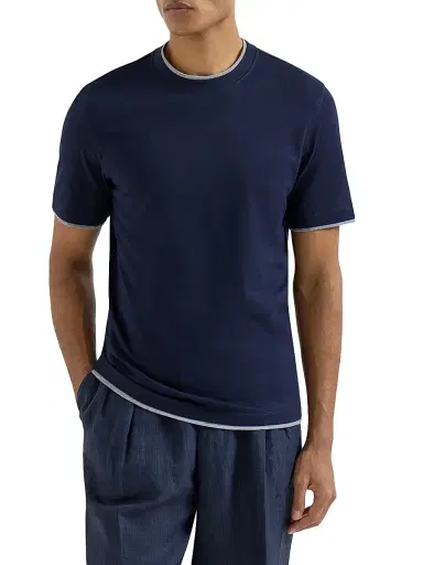 Brunello Cucinelli Men's Cotton Jersey Crew-Neck T-Shirt with Faux Layering - Cobalt | Thumbnail 2