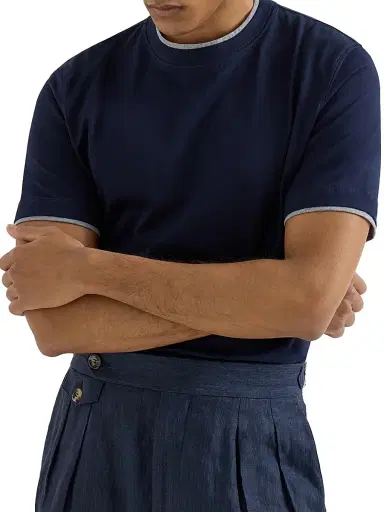 Brunello Cucinelli Men's Cotton Jersey Crew-Neck T-Shirt with Faux Layering - Cobalt | Thumbnail 5