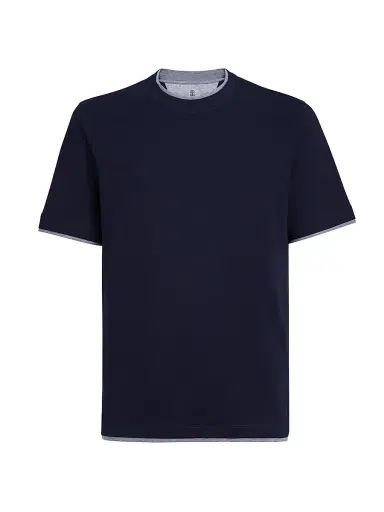 Brunello Cucinelli Men's Cotton Jersey Crew-Neck T-Shirt with Faux Layering - Cobalt | Thumbnail 1