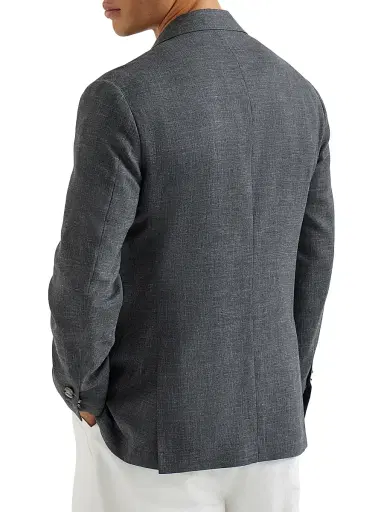 Brunello Cucinelli Men's Wool, Silk and Linen Slubbed Fresco Deconstructed Blazer with Metal Buttons - Dark Grey | Thumbnail 3