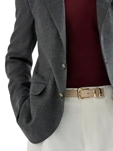 Brunello Cucinelli Men's Wool, Silk and Linen Slubbed Fresco Deconstructed Blazer with Metal Buttons - Dark Grey | Thumbnail 4