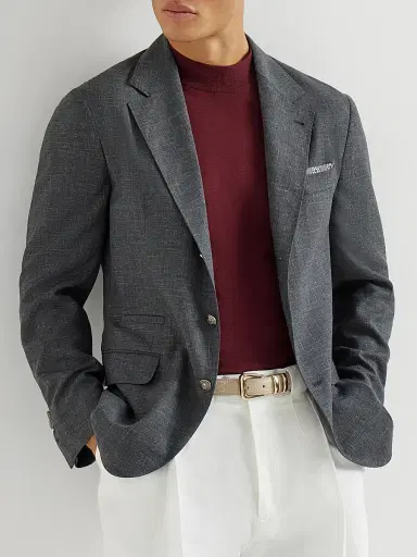 Brunello Cucinelli Men's Wool, Silk and Linen Slubbed Fresco Deconstructed Blazer with Metal Buttons - Dark Grey | Thumbnail 5