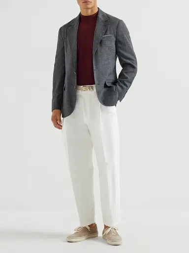 Brunello Cucinelli Men's Wool, Silk and Linen Slubbed Fresco Deconstructed Blazer with Metal Buttons - Dark Grey | Thumbnail 6