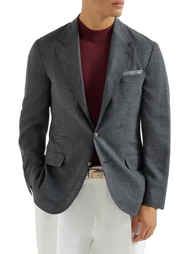 Brunello Cucinelli Men's Wool, Silk and Linen Slubbed Fresco Deconstructed Blazer with Metal Buttons - Dark Grey | Thumbnail 1