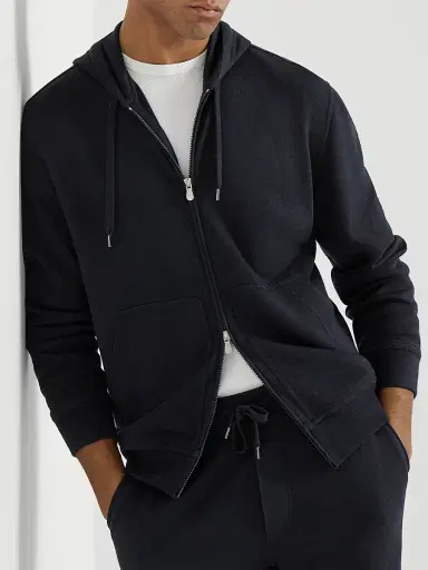 Brunello Cucinelli Men's Cashmere and Silk French Terry Hooded Sweatshirt with Zipper | Thumbnail 5 Brunello Cucinelli Men's Cashmere and Silk French Terry Hooded Sweatshirt with Zipper | Thumbnail 5