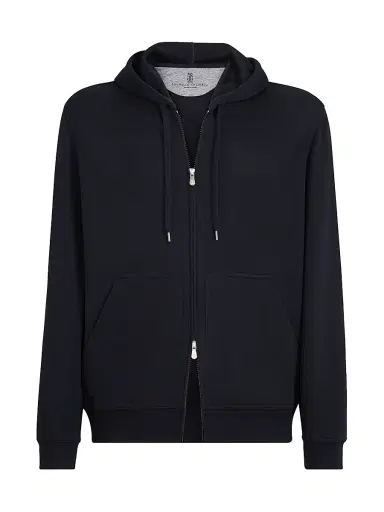 Brunello Cucinelli Men's Cashmere and Silk French Terry Hooded Sweatshirt with Zipper | Thumbnail 1 Brunello Cucinelli Men's Cashmere and Silk French Terry Hooded Sweatshirt with Zipper | Thumbnail 1