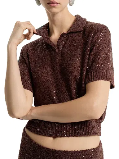 Brunello Cucinelli Women's Linen, Cashmere and Silk Dazzling Texture Knit Polo Shirt - Bordeaux | Thumbnail 4 Brunello Cucinelli Women's Linen, Cashmere and Silk Dazzling Texture Knit Polo Shirt - Bordeaux | Thumbnail 4