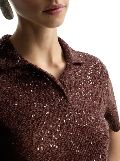 Brunello Cucinelli Women's Linen, Cashmere and Silk Dazzling Texture Knit Polo Shirt - Bordeaux | Thumbnail 5 Brunello Cucinelli Women's Linen, Cashmere and Silk Dazzling Texture Knit Polo Shirt - Bordeaux | Thumbnail 5