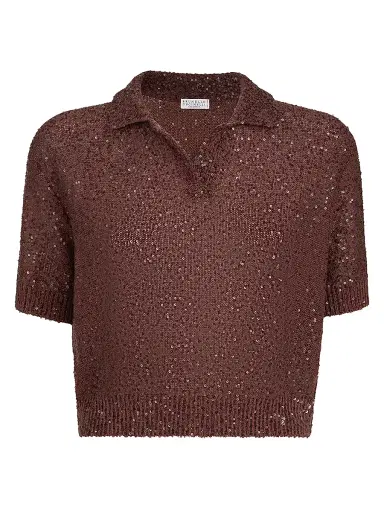 Brunello Cucinelli Women's Linen, Cashmere and Silk Dazzling Texture Knit Polo Shirt - Bordeaux | Thumbnail 1 Brunello Cucinelli Women's Linen, Cashmere and Silk Dazzling Texture Knit Polo Shirt - Bordeaux | Thumbnail 1