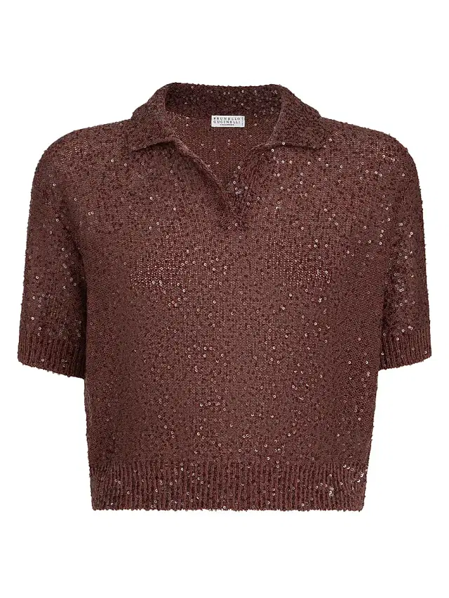 Brunello Cucinelli Women's Linen, Cashmere and Silk Dazzling Texture Knit Polo Shirt - Bordeaux