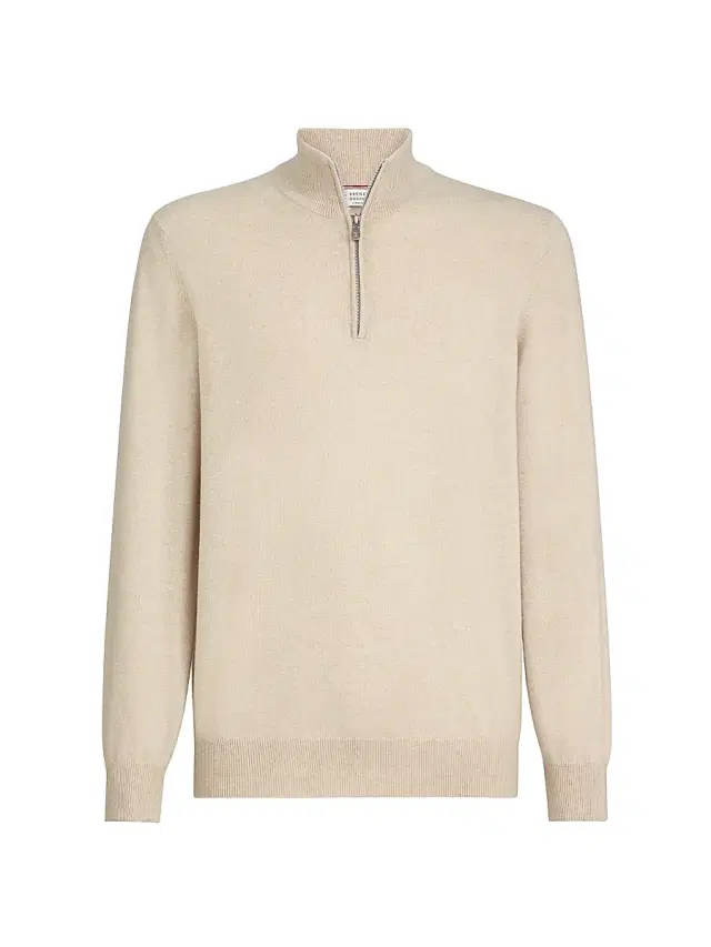 Brunello Cucinelli Men's Cashmere Sweater with Half Zip - Sand