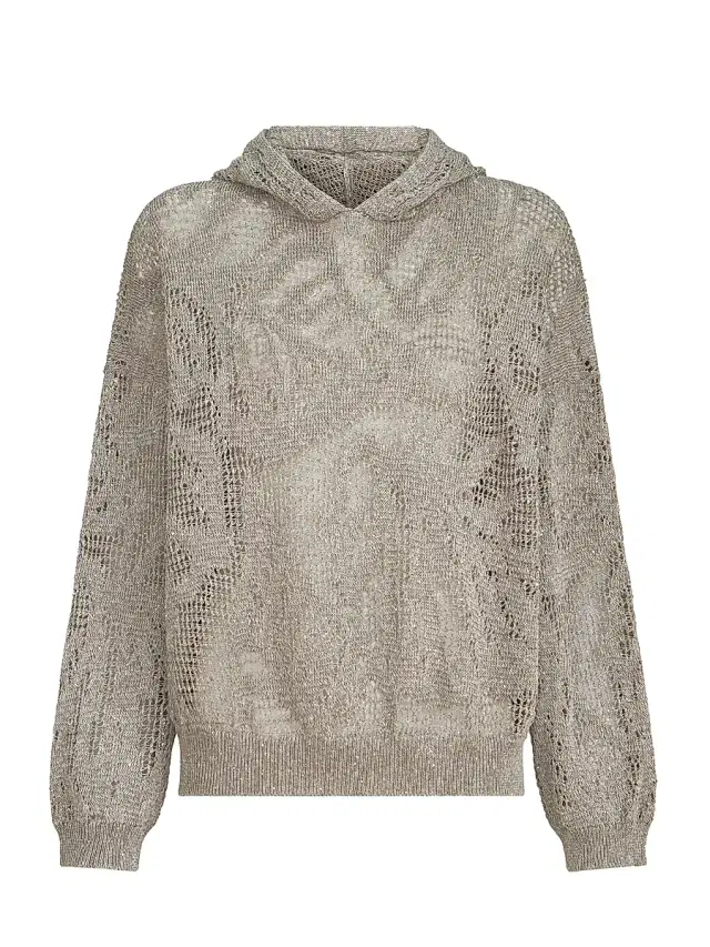 Brunello Cucinelli Women's Dazzling Water Lillies Hooded Sweater in Linen and Cotton - Mud