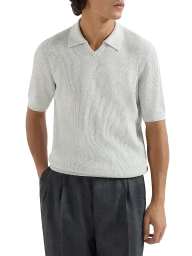 Brunello Cucinelli Men's Cotton English Rib Knit Polo Shirt - Fog | Thumbnail 2