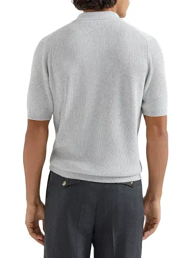 Brunello Cucinelli Men's Cotton English Rib Knit Polo Shirt - Fog | Thumbnail 3