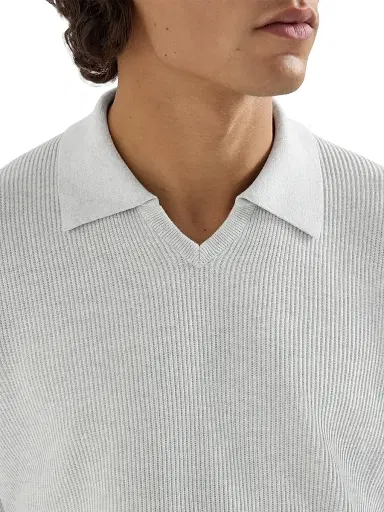 Brunello Cucinelli Men's Cotton English Rib Knit Polo Shirt - Fog | Thumbnail 4
