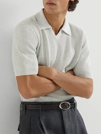 Brunello Cucinelli Men's Cotton English Rib Knit Polo Shirt - Fog | Thumbnail 5