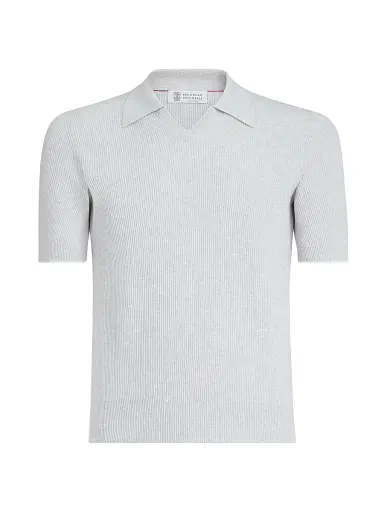 Brunello Cucinelli Men's Cotton English Rib Knit Polo Shirt - Fog | Thumbnail 1