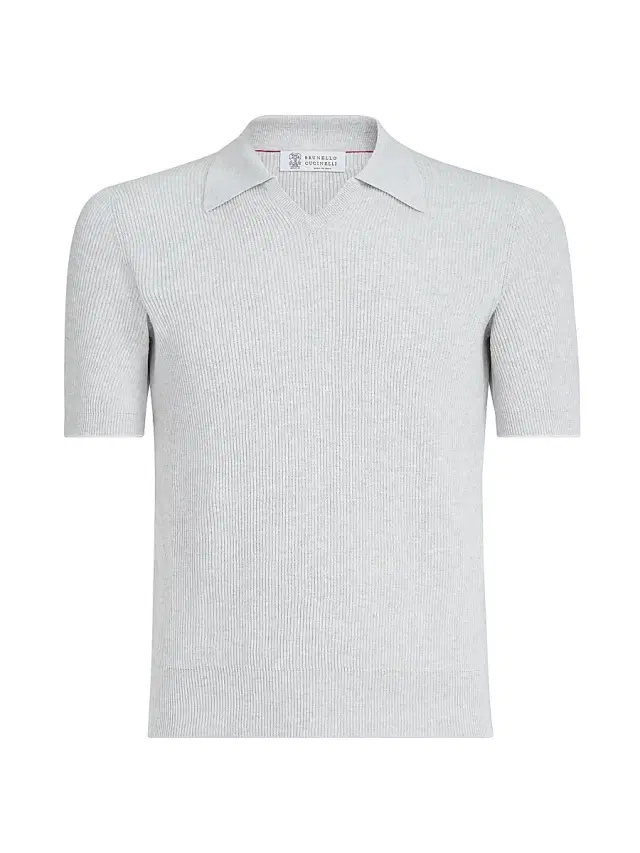 Brunello Cucinelli Men's Cotton English Rib Knit Polo Shirt - Fog
