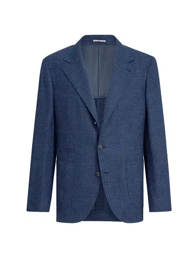 Brunello Cucinelli Men's Prince of Wales Deconstructed Blazer with Patch Pockets and Metal Buttons - Denim | Thumbnail 2
